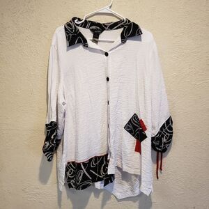 Ali Miles 3/4 Ruched Sleeve Button Puckered Fabric Tunic Top Size 1X White